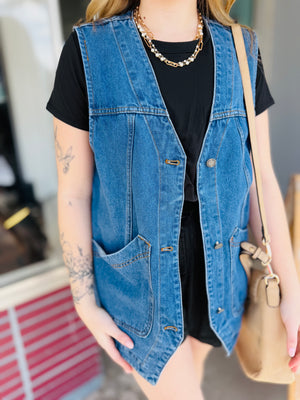 Medium Wash Long Line Denim Vest w/ Pockets