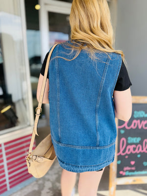 Medium Wash Long Line Denim Vest w/ Pockets