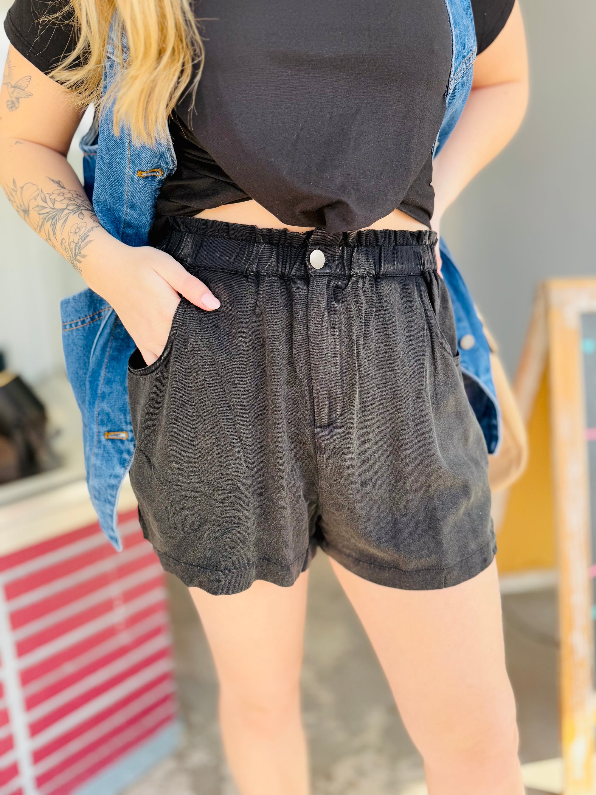 Black Vintage Washed Paper Bag Waist Shorts