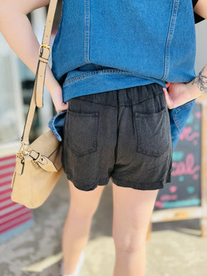 Black Vintage Washed Paper Bag Waist Shorts