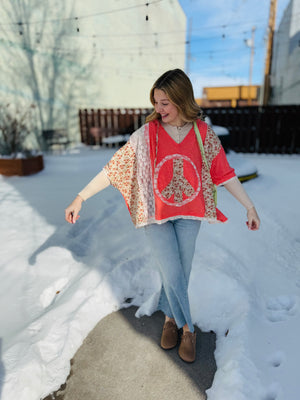 Coral Oversized Top w/ Peace Applique + Lace