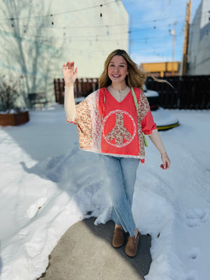 Coral Oversized Top w/ Peace Applique + Lace