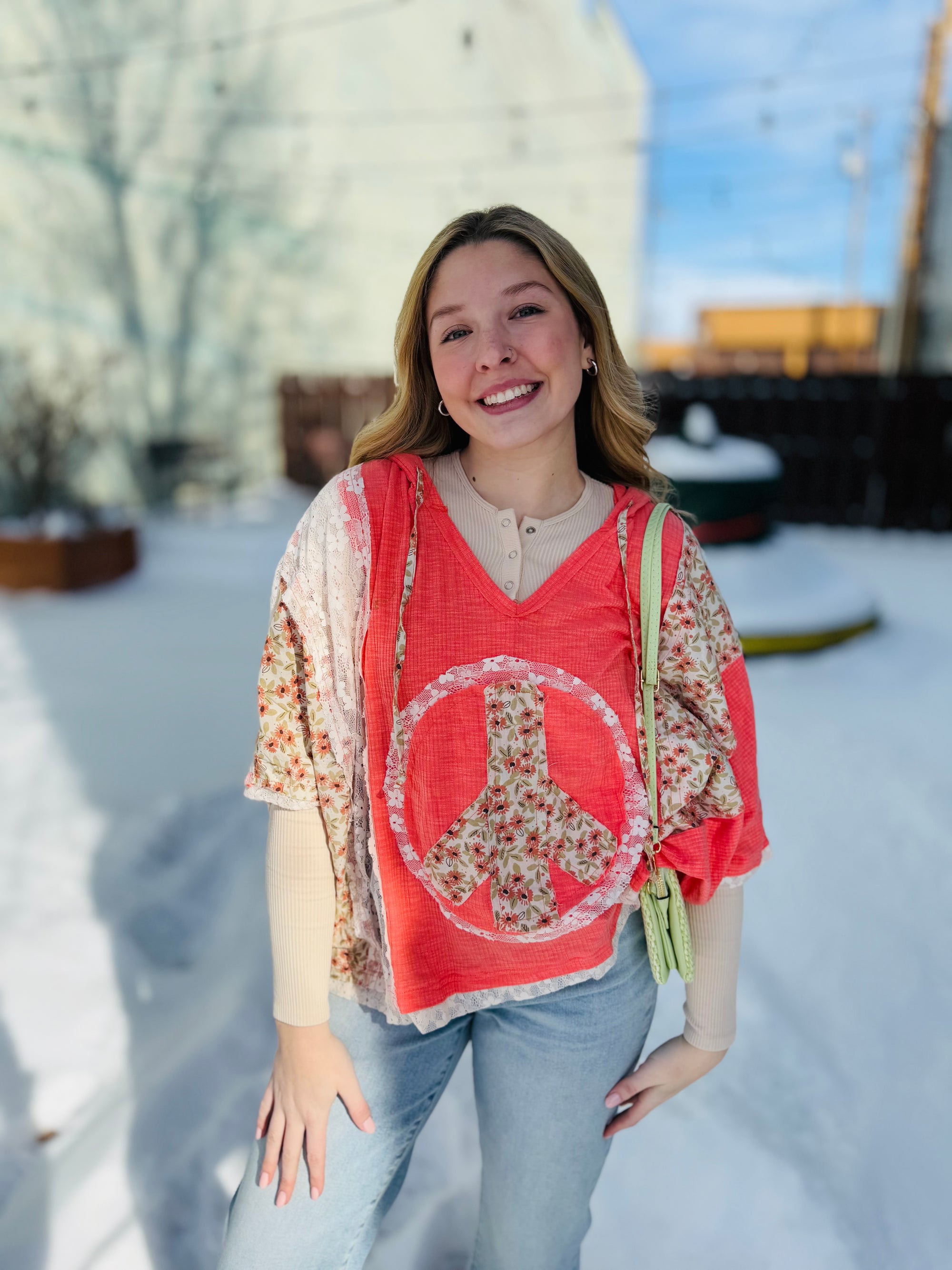 Coral Oversized Top w/ Peace Applique + Lace