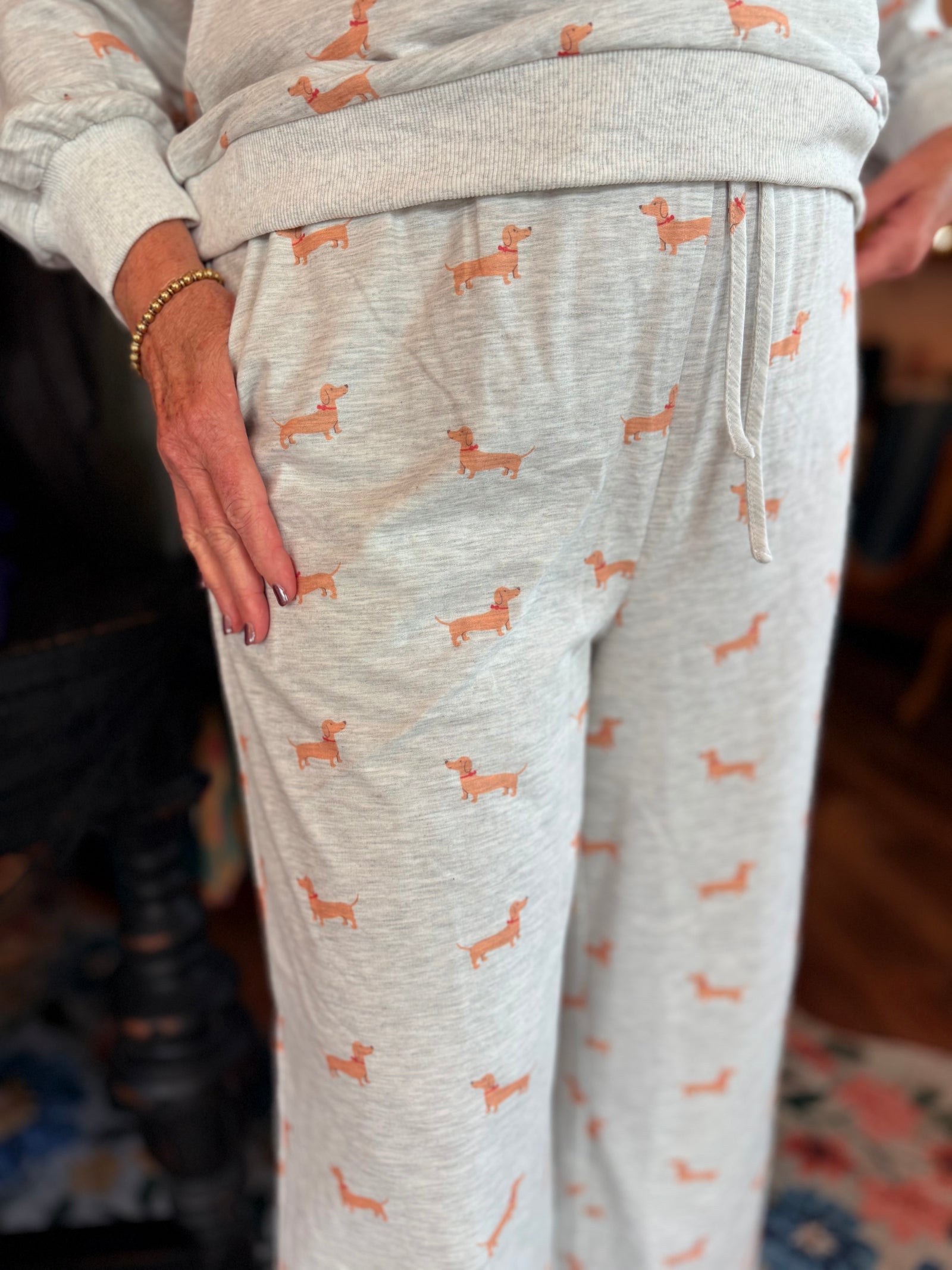 Very J Grey Dachshund Print Wide Leg Sweatpants