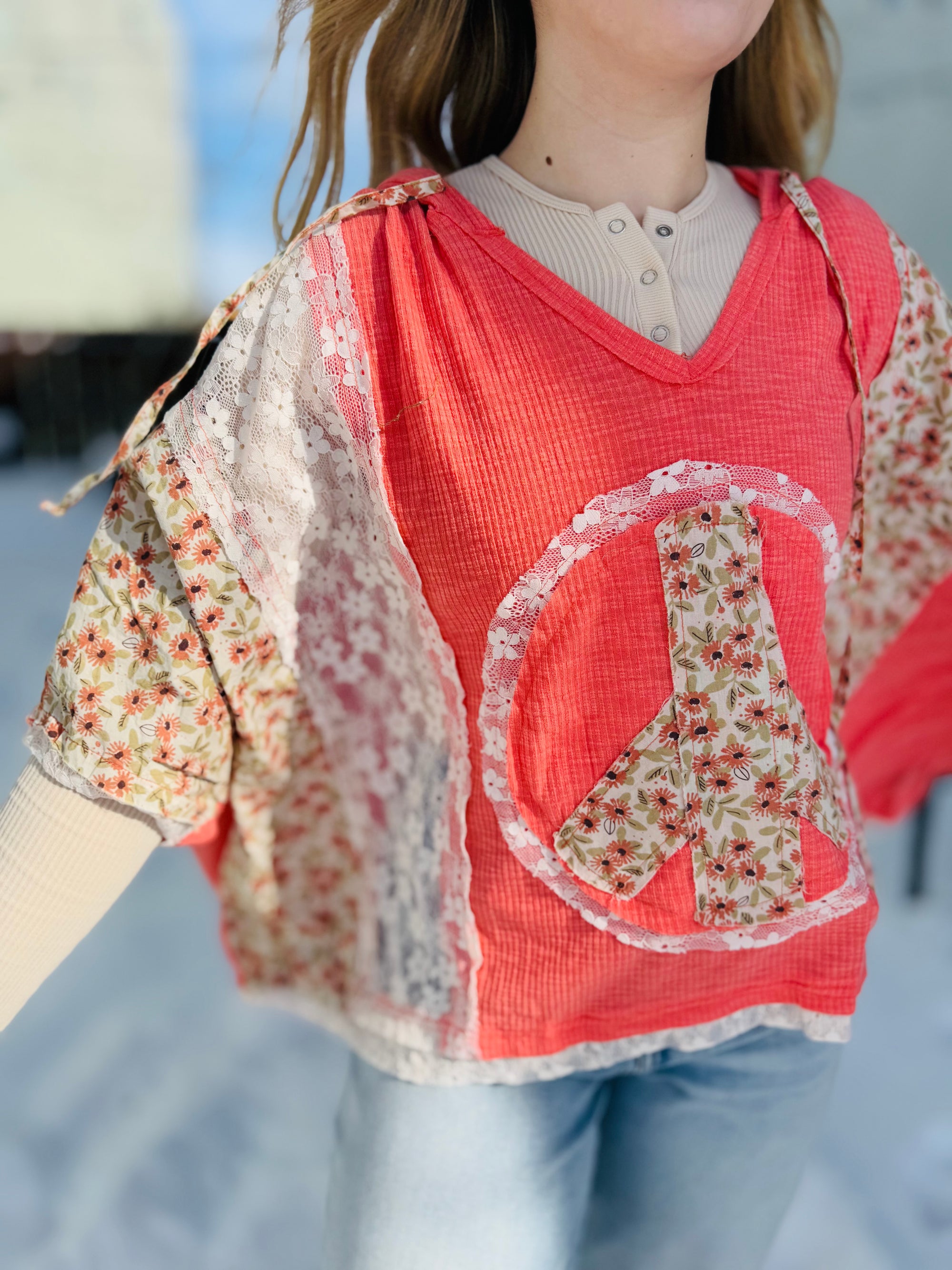 Coral Oversized Top w/ Peace Applique + Lace