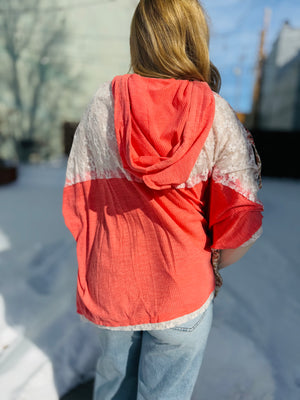 Coral Oversized Top w/ Peace Applique + Lace