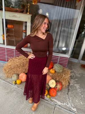 Very J Wine Sheer Lace Maxi Skirt