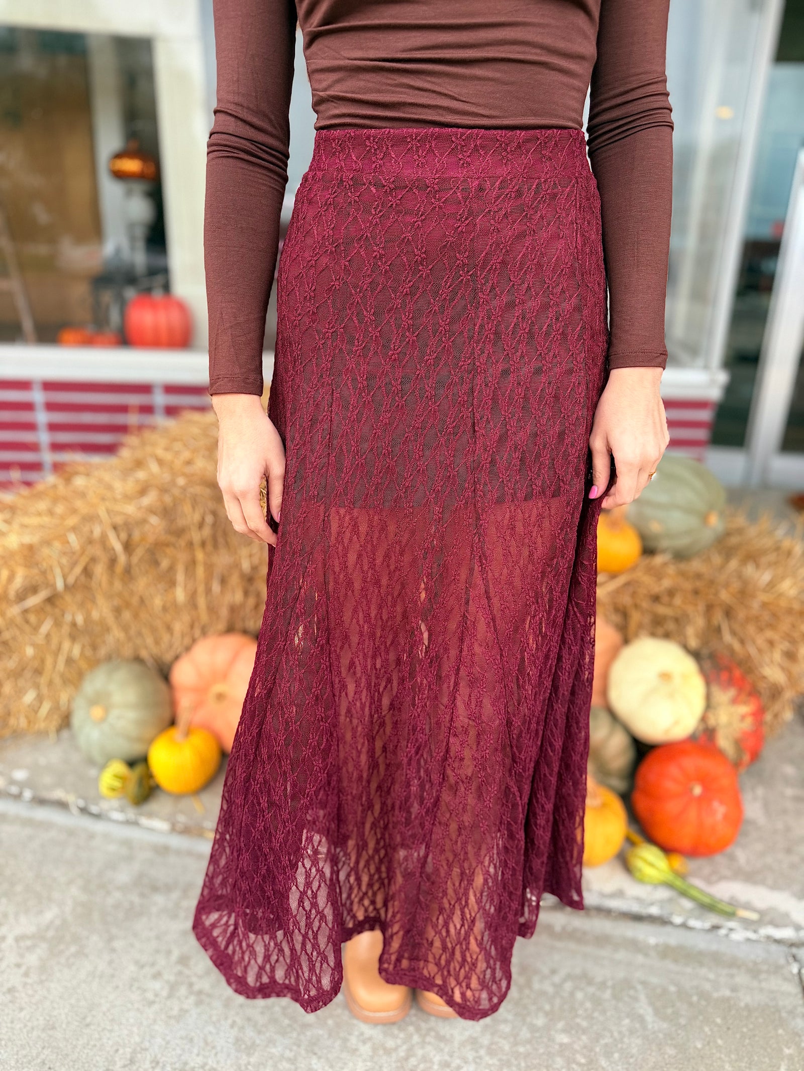 Very J Wine Sheer Lace Maxi Skirt