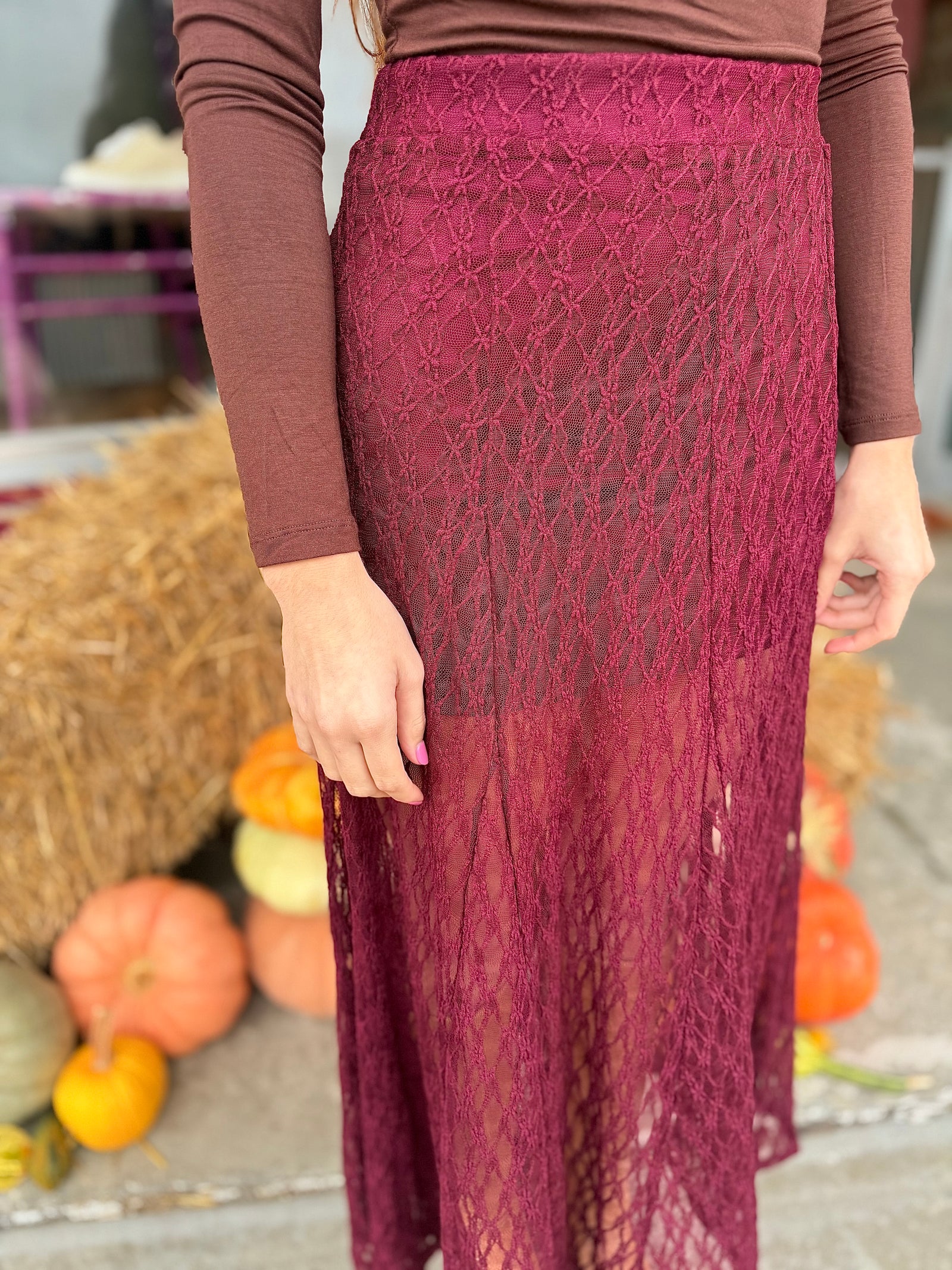 Very J Wine Sheer Lace Maxi Skirt