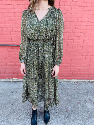 Olive Paisley Tiered Midi Dress