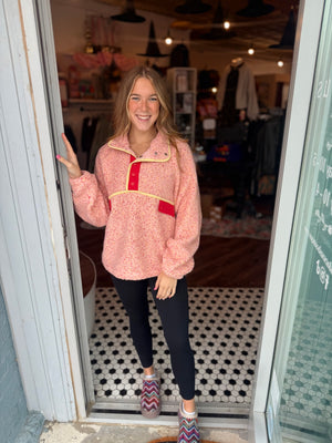 Very J Pink Mix Contrast Trim Fleece Anorak Pullover