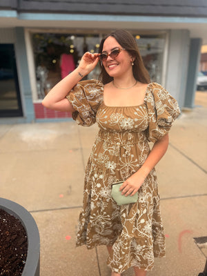 Hyfve Light Brown Floral Puff Sleeve Midi Dress