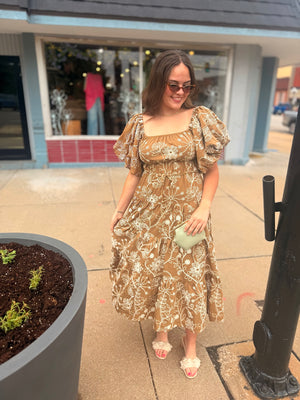 Hyfve Light Brown Floral Puff Sleeve Midi Dress