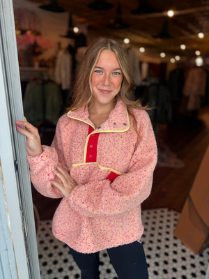 Very J Pink Mix Contrast Trim Fleece Anorak Pullover