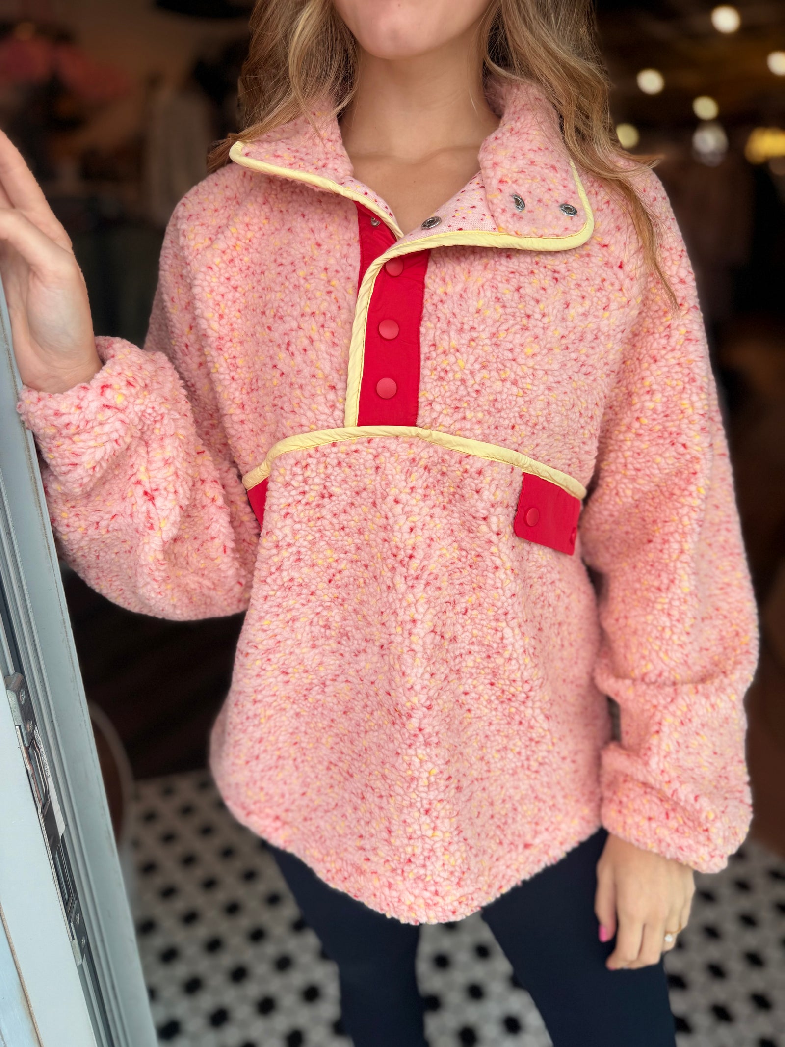 Very J Pink Mix Contrast Trim Fleece Anorak Pullover