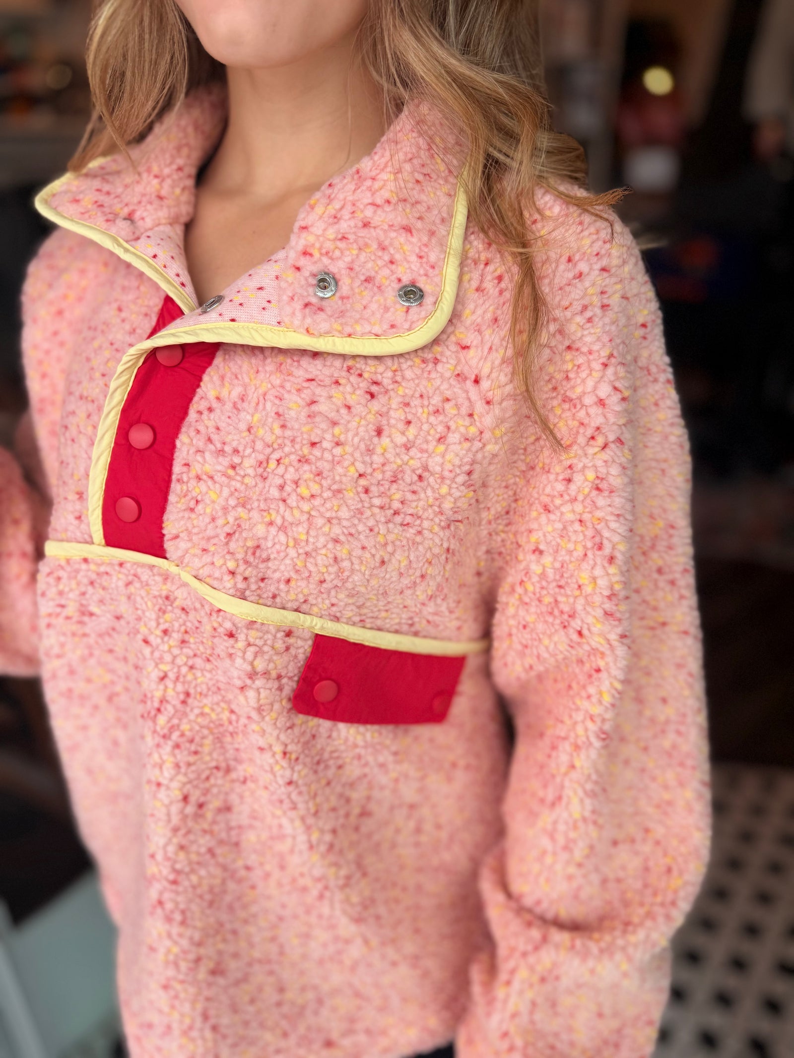 Very J Pink Mix Contrast Trim Fleece Anorak Pullover