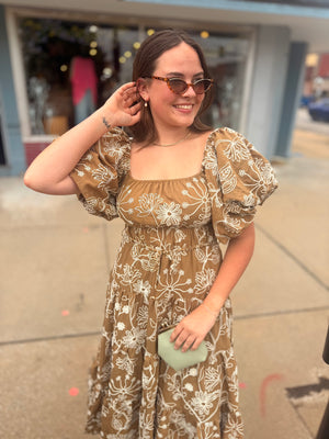 light brown floral dress Kearny Ruffle Maxi Dress