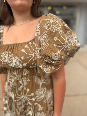 Hyfve Light Brown Floral Puff Sleeve Midi Dress