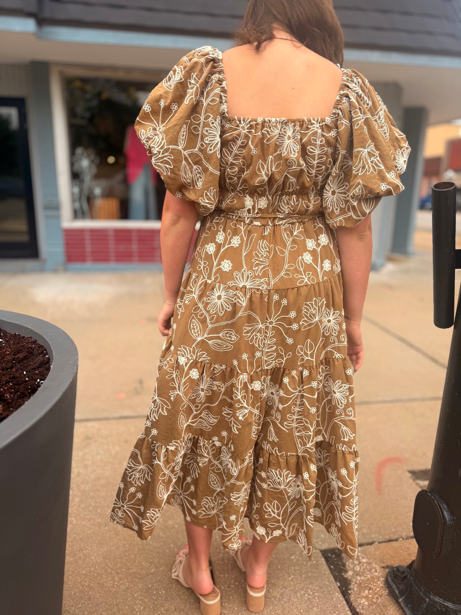 Hyfve Light Brown Floral Puff Sleeve Midi Dress