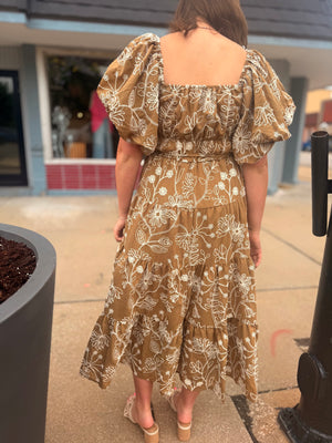 Hyfve Light Brown Floral Puff Sleeve Midi Dress