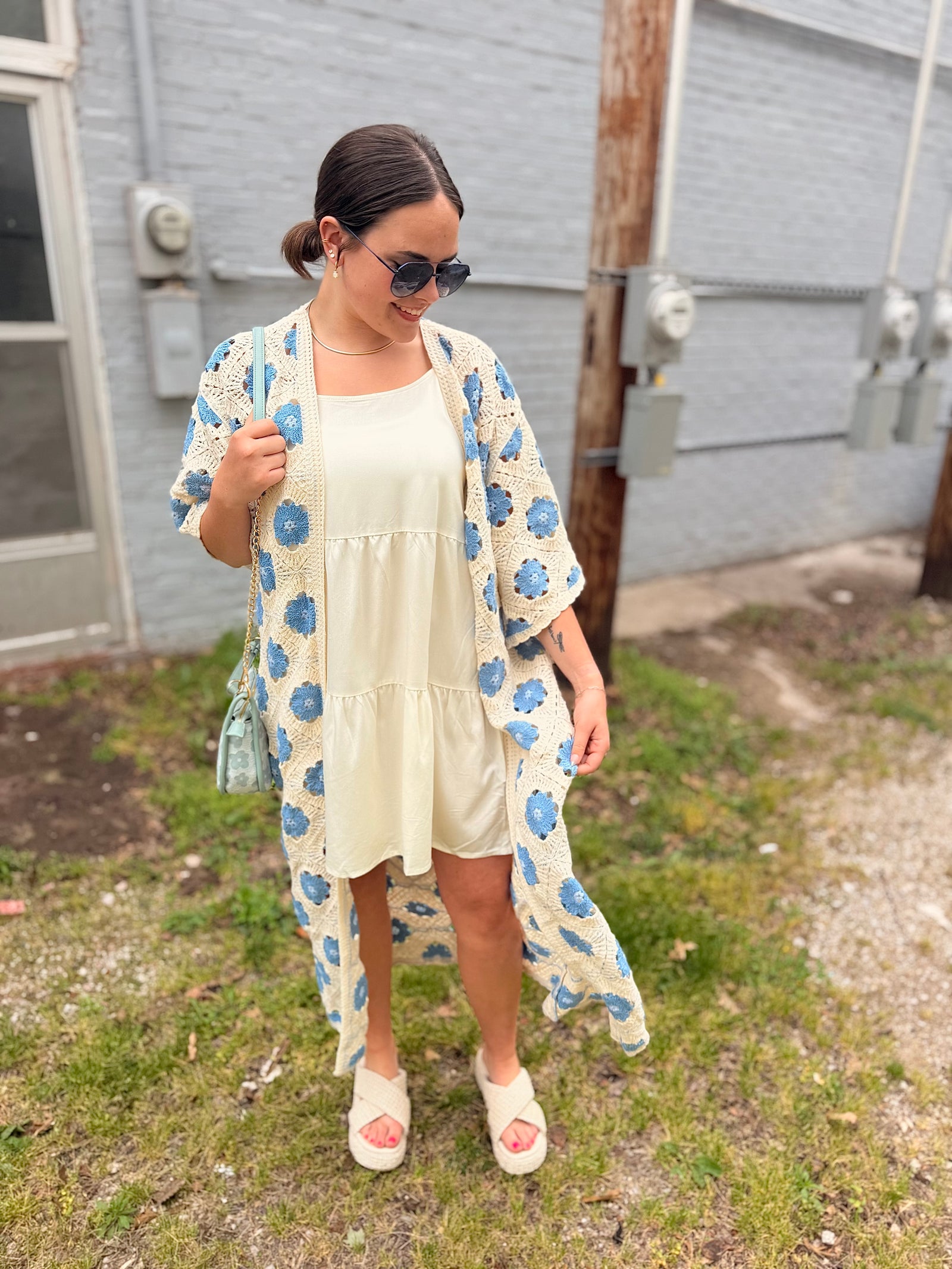 Pol Blue Floral Pattern Crochet Maxi Cardigan