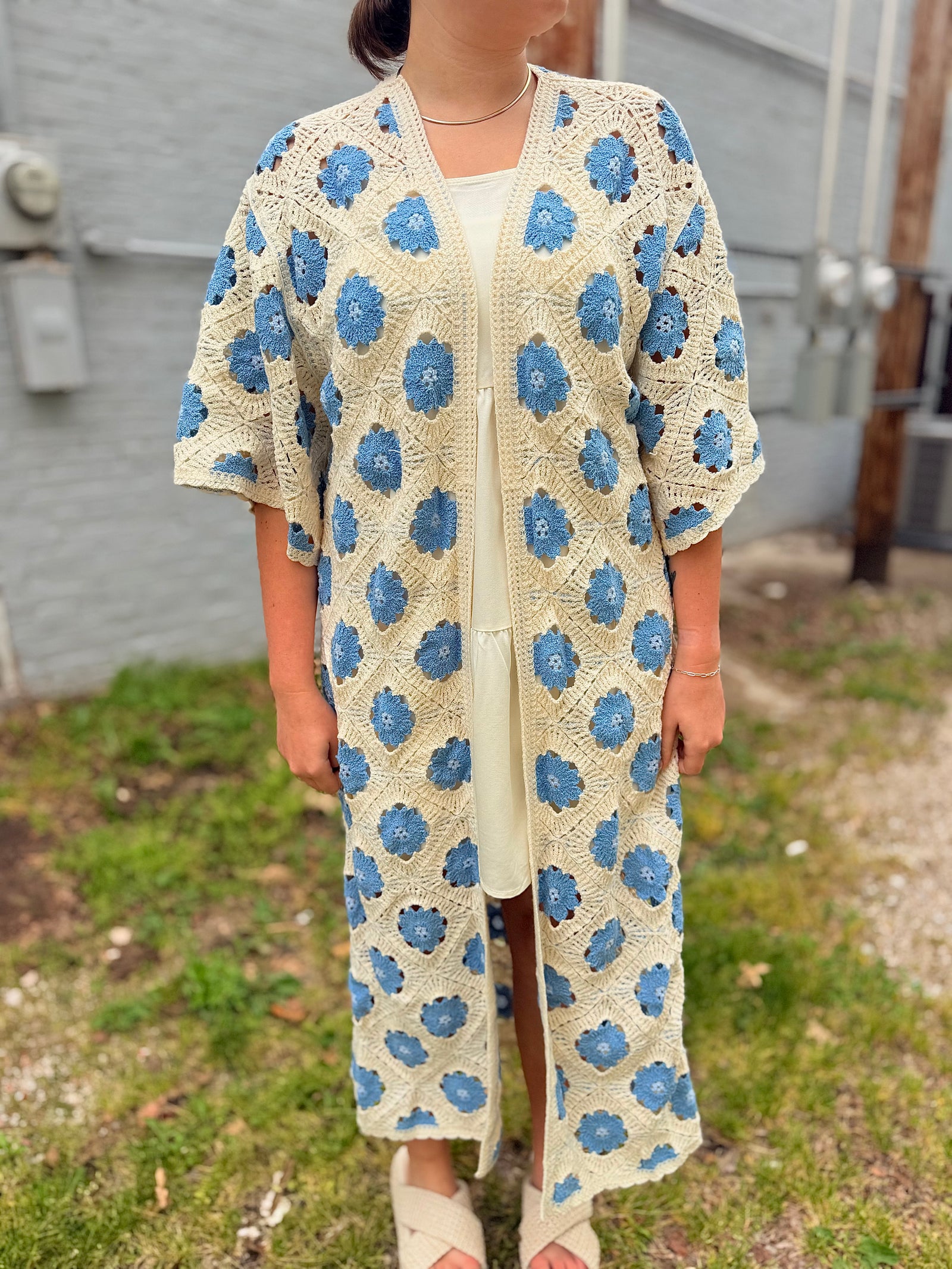 Pol Blue Floral Pattern Crochet Maxi Cardigan