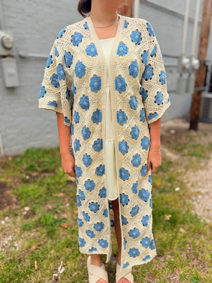 Pol Blue Floral Pattern Crochet Maxi Cardigan