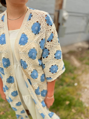 Pol Blue Floral Pattern Crochet Maxi Cardigan