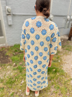 Pol Blue Floral Pattern Crochet Maxi Cardigan