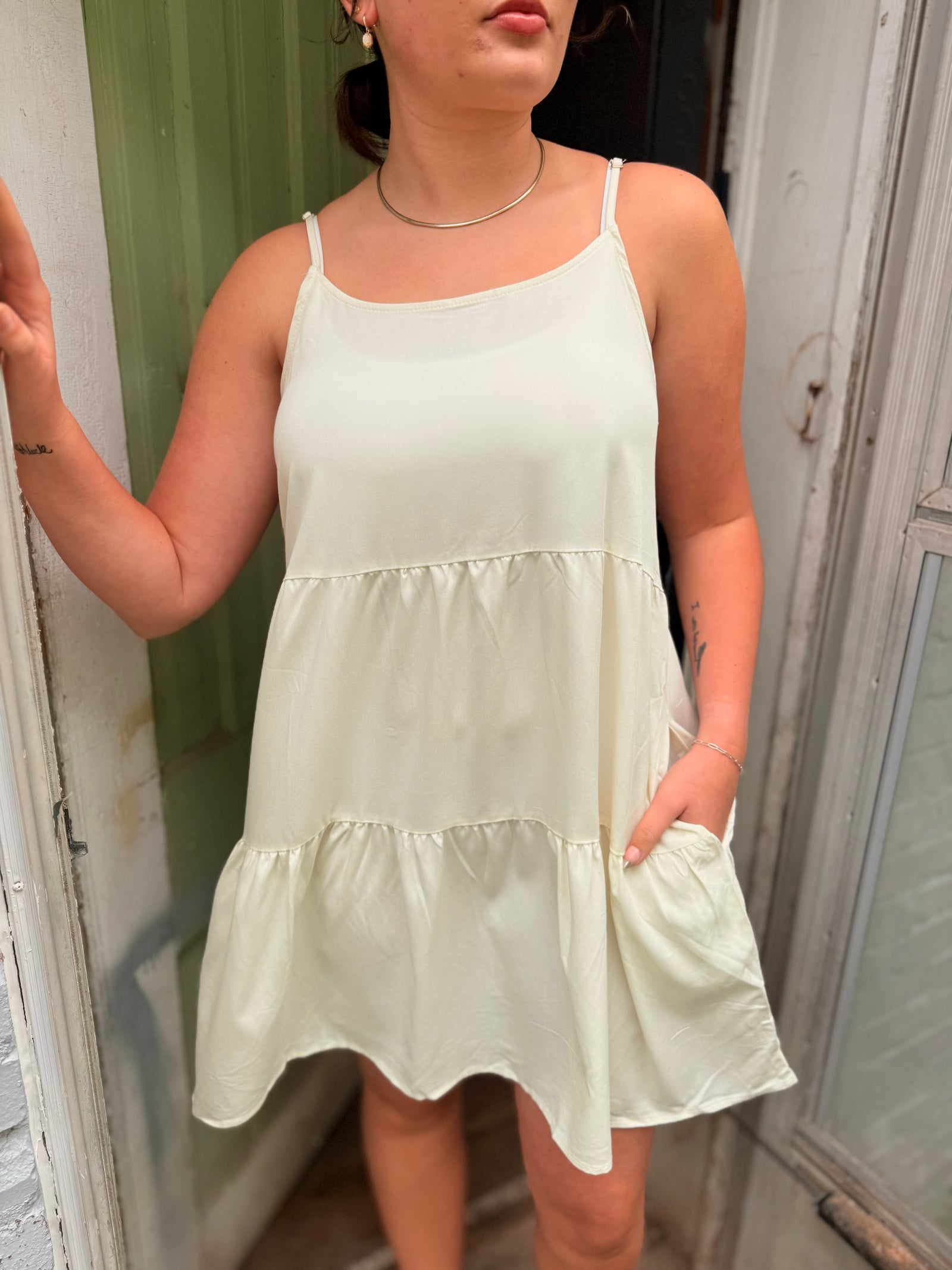 Hyfve White Tiered Spaghetti Strap Dress