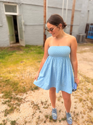 Hyfve Blue Eyelet Lace Smocked Tube Top Dress w/ Tie Back