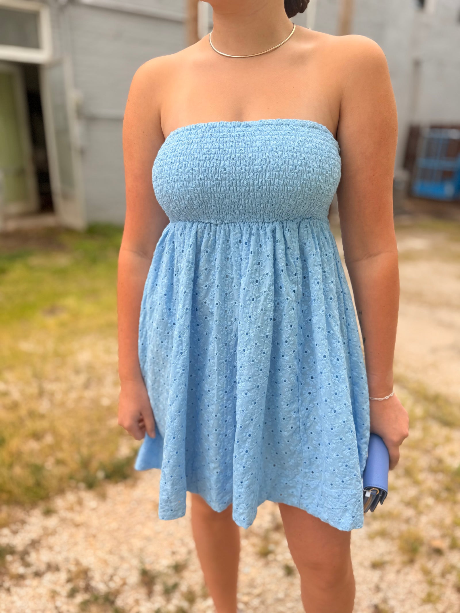 Hyfve Blue Eyelet Lace Smocked Tube Top Dress w/ Tie Back