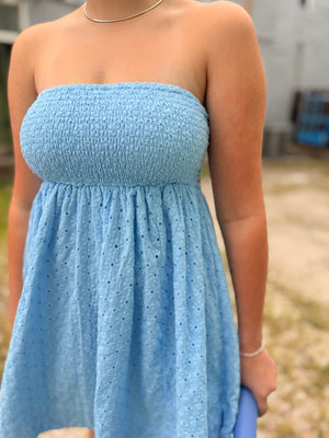 Hyfve Blue Eyelet Lace Smocked Tube Top Dress w/ Tie Back
