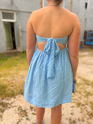 Hyfve Blue Eyelet Lace Smocked Tube Top Dress w/ Tie Back