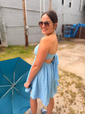 Hyfve Blue Eyelet Lace Smocked Tube Top Dress w/ Tie Back
