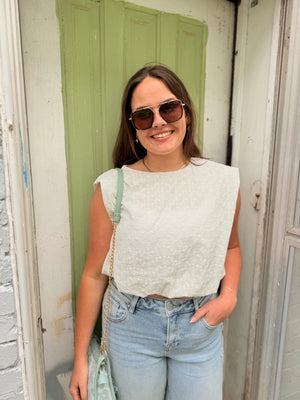 Hyfve White Eyelet Bubble Hem Cropped Top