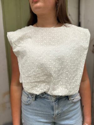 Hyfve White Eyelet Bubble Hem Cropped Top
