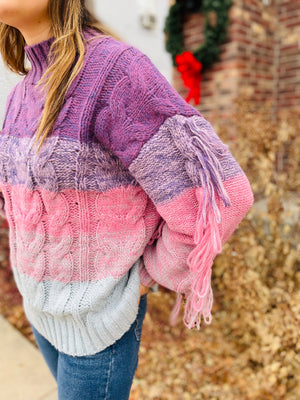 Multi Color Cable Knit Sweater w/ Fringe Detail