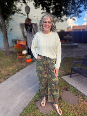 Risen Camo Mid Rise Cropped Barrel Jean