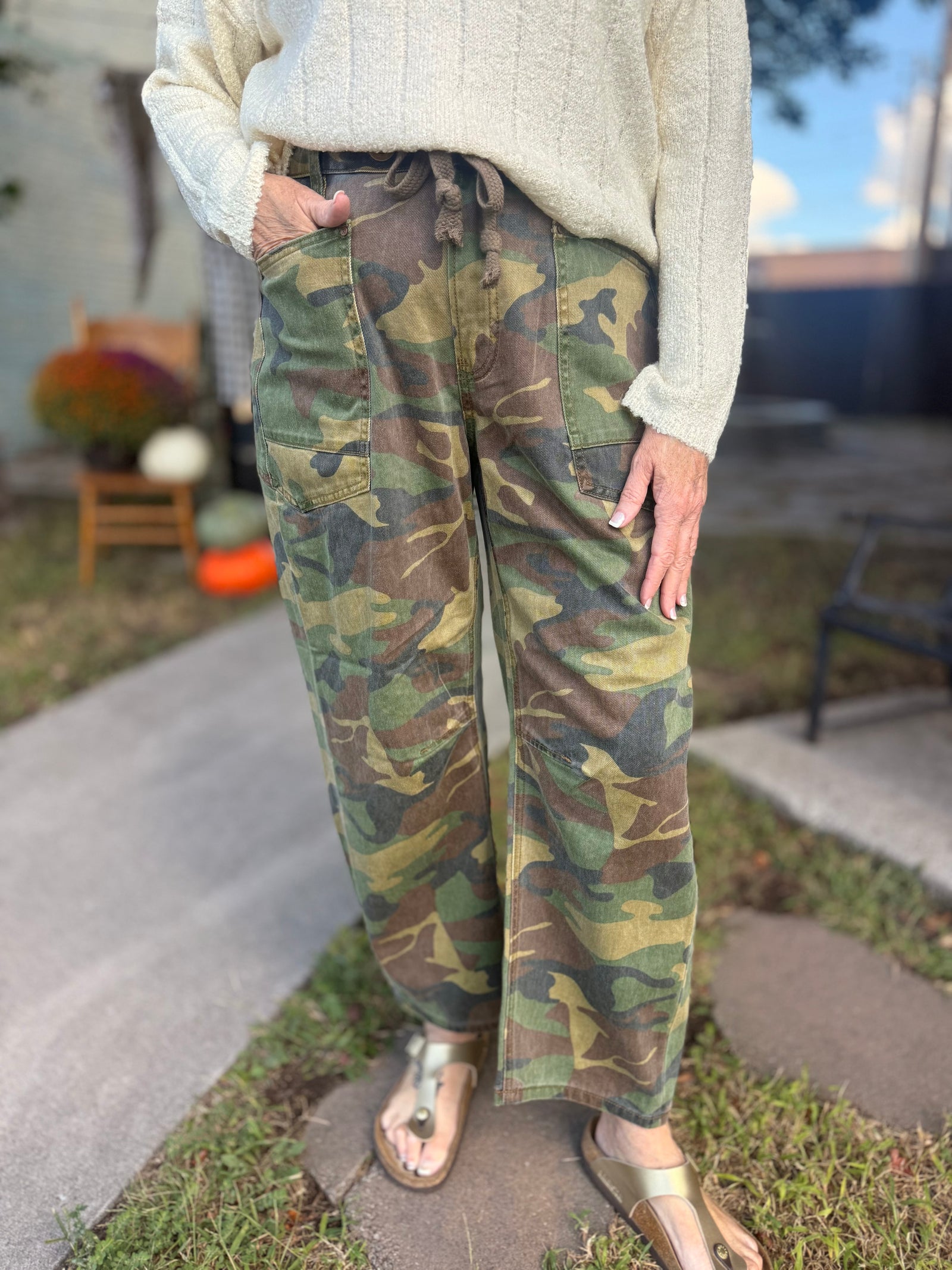 Risen Camo Mid Rise Cropped Barrel Jean