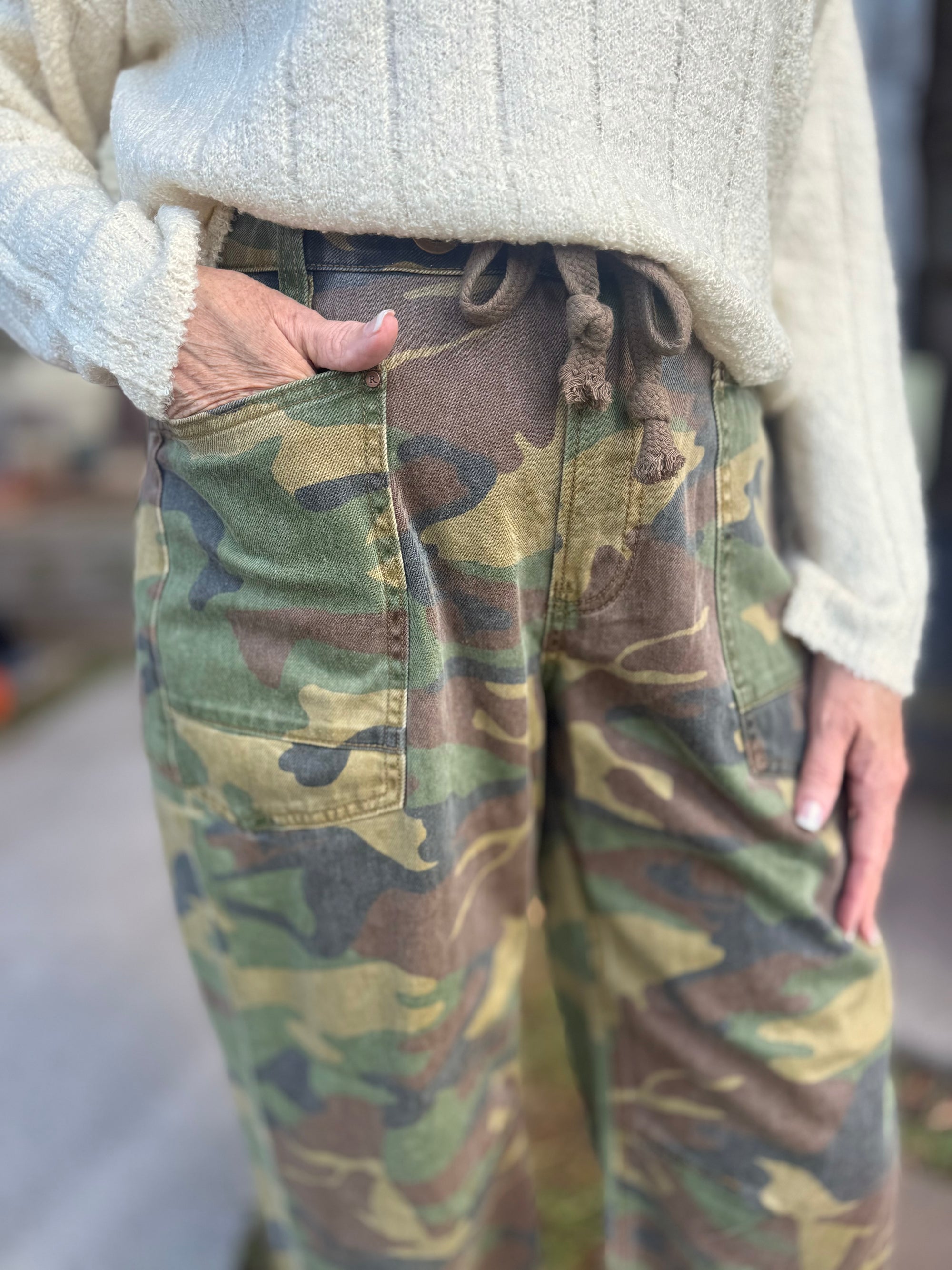 Risen Camo Mid Rise Cropped Barrel Jean