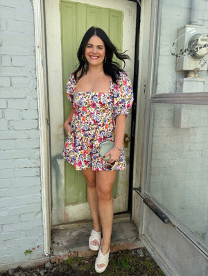 Olivaceous Floral Puff Sleeve Romper