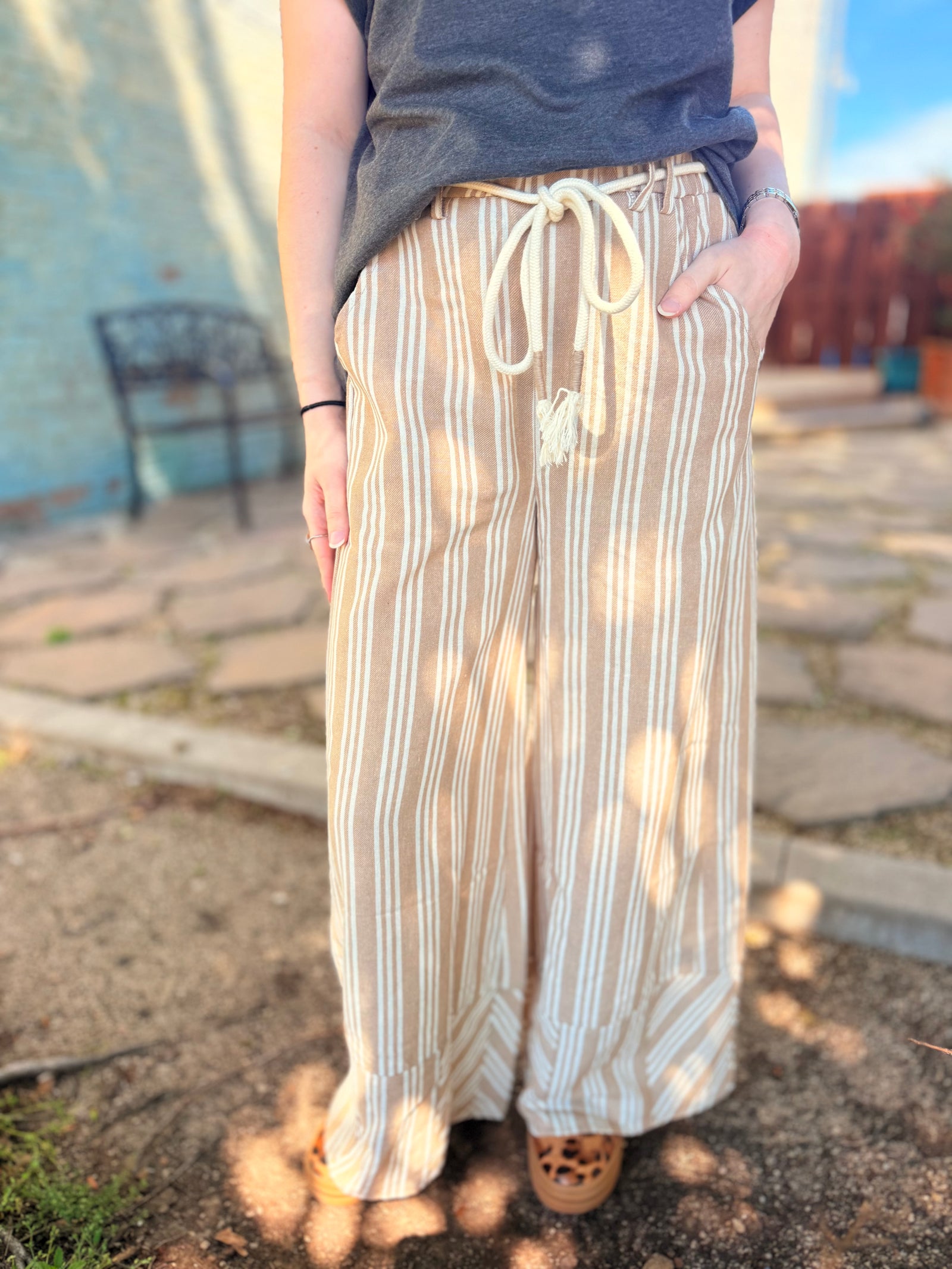 Easel Khaki Striped Wide Leg Pant w/ Tie