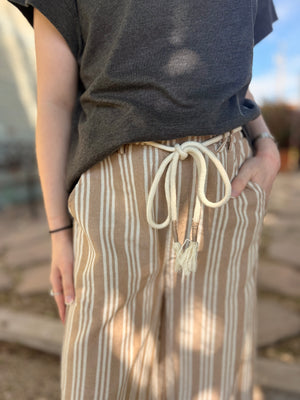 Easel Khaki Striped Wide Leg Pant w/ Tie