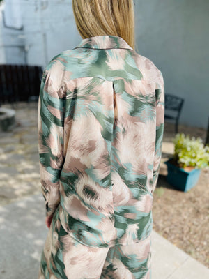 Olive Brush Stroke Button Down Blouse