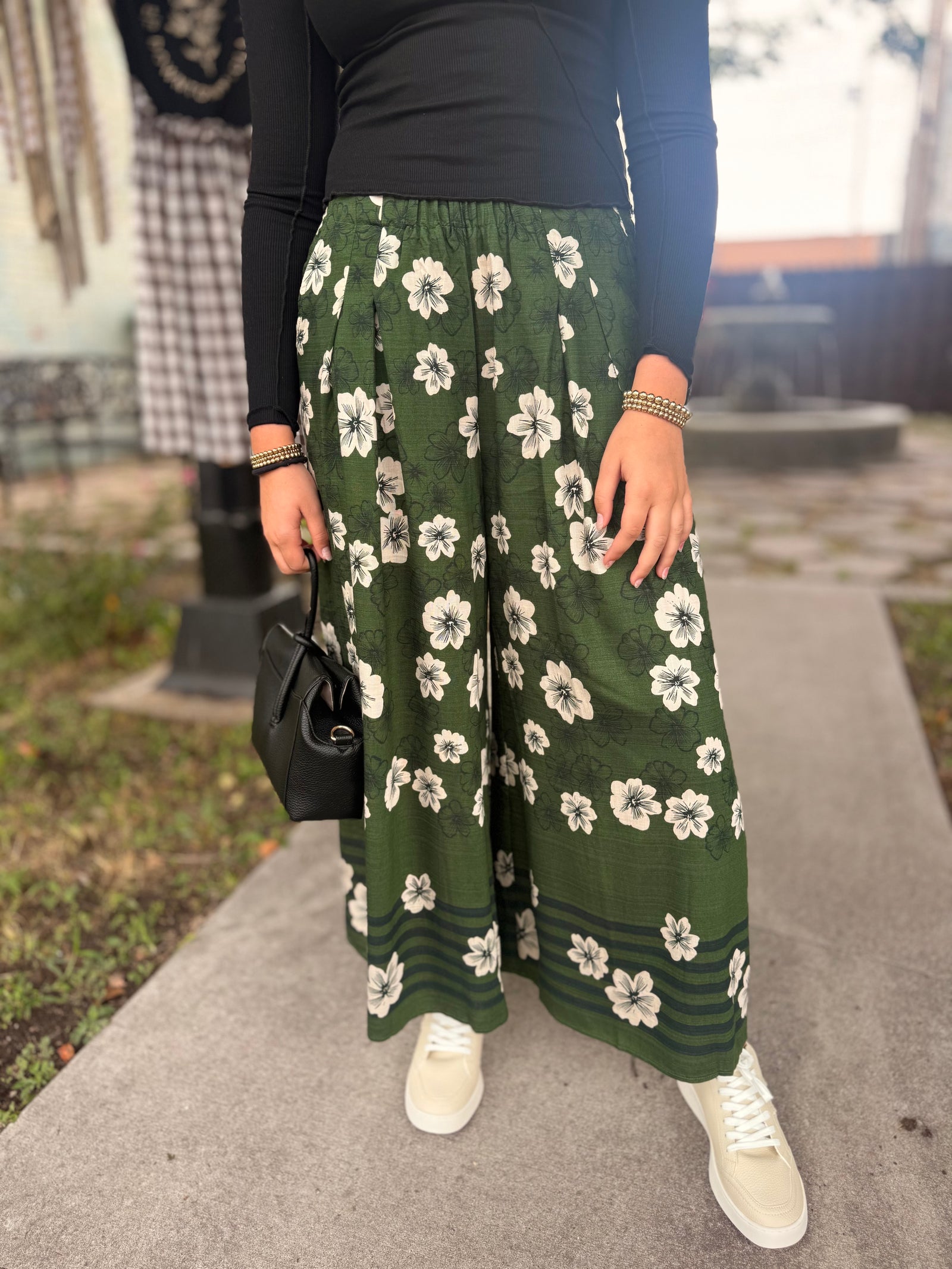 Umgee Green Floral Wide Leg Pants