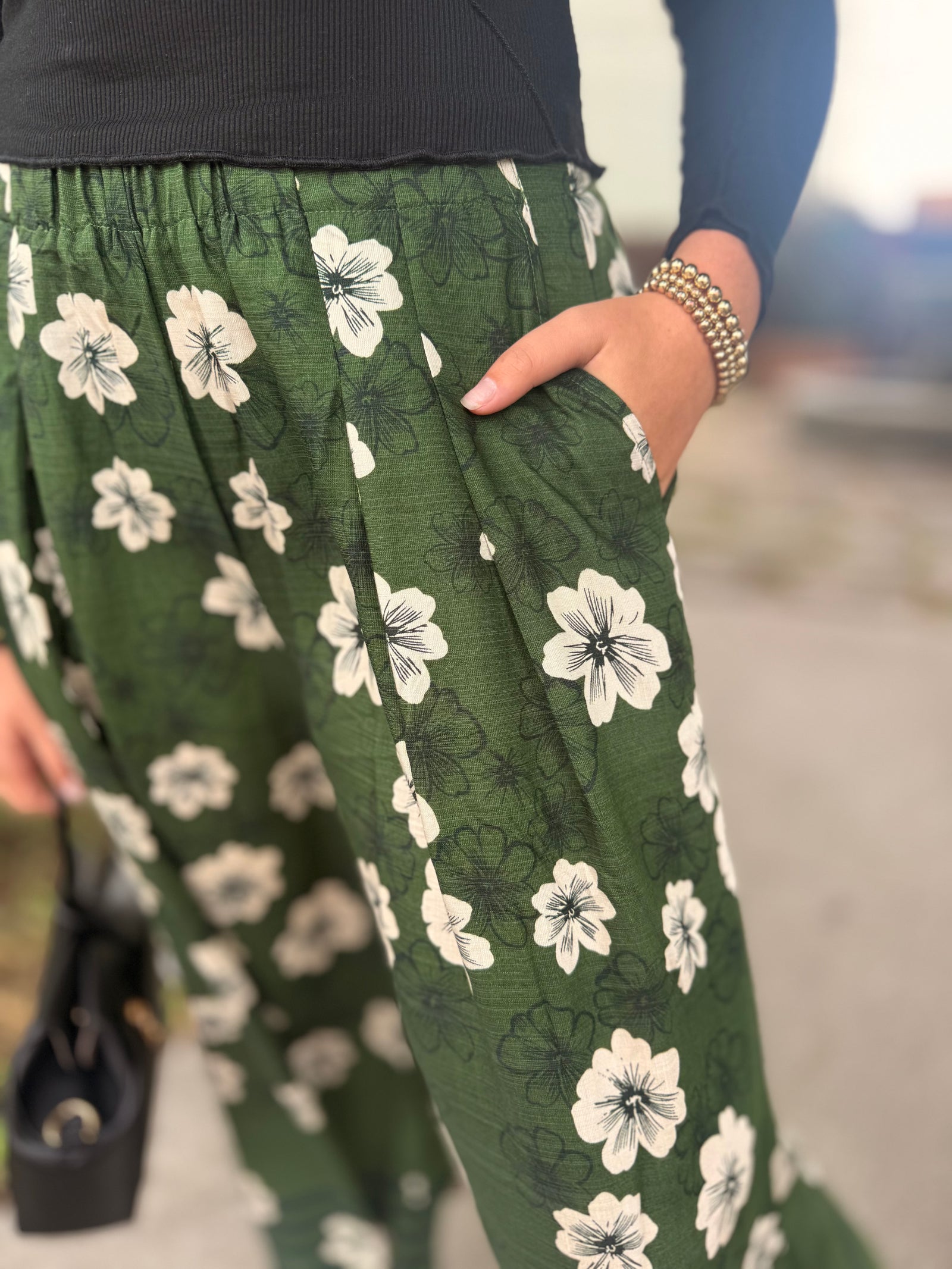 Umgee Green Floral Wide Leg Pants