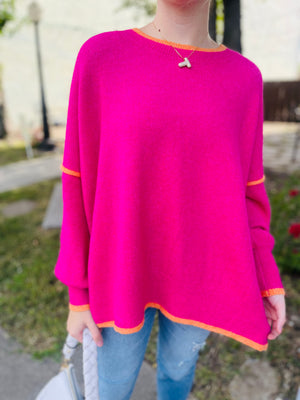 Hot Pink Contrast Seam Sweater