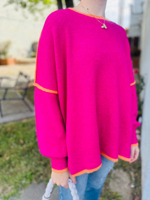 Hot Pink Contrast Seam Sweater