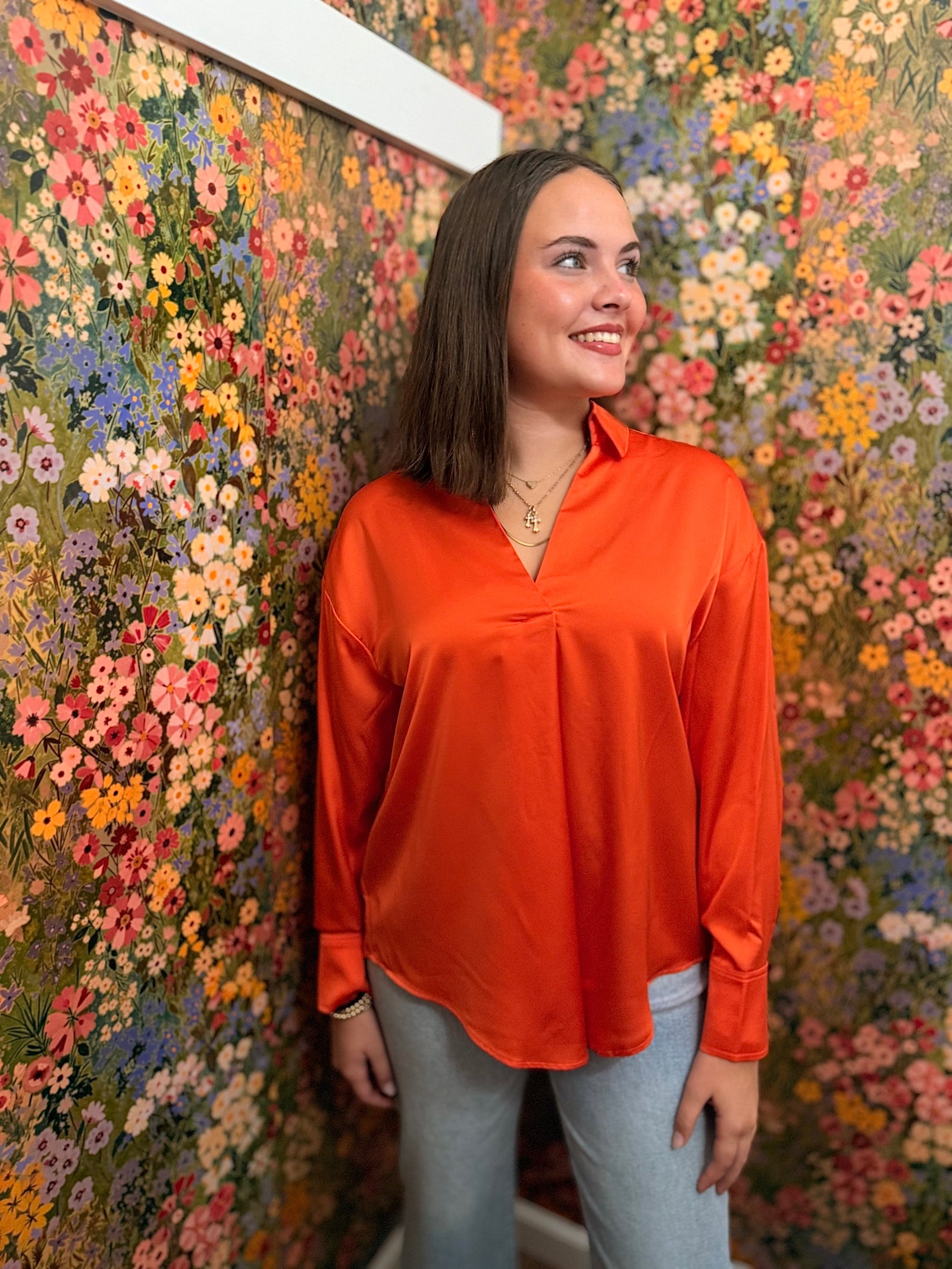 Orange V-Neck Satin Blouse